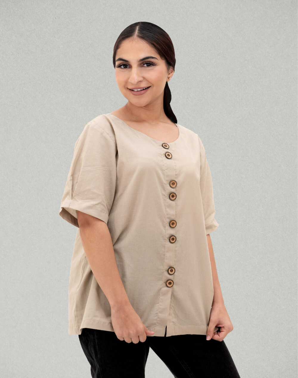 Herbal Dyed Organic Kasam putty round neck half sleeves top