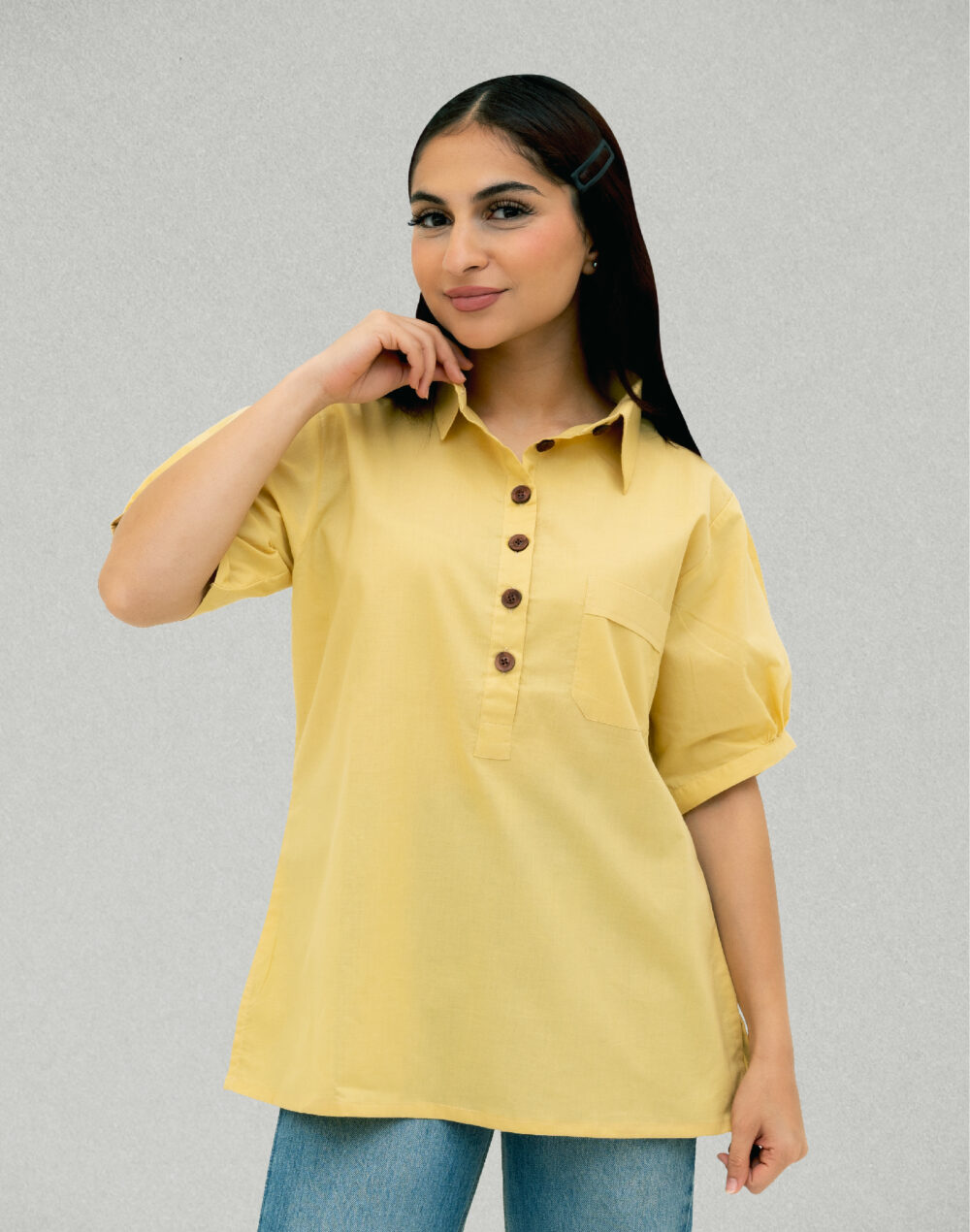 Herbal Dyed Organic Yellow collared pleated  Half sleeves top - Image 2