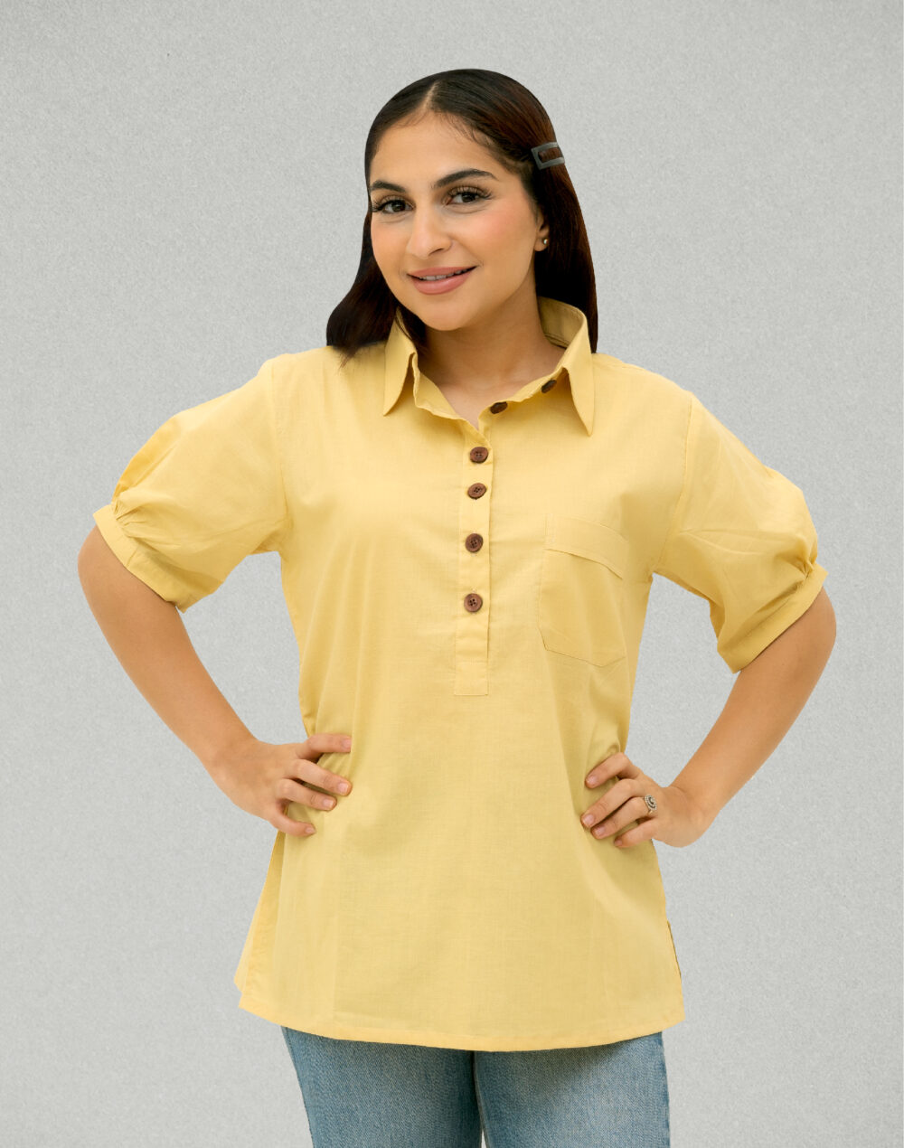 Herbal Dyed Organic Yellow collared pleated  Half sleeves top