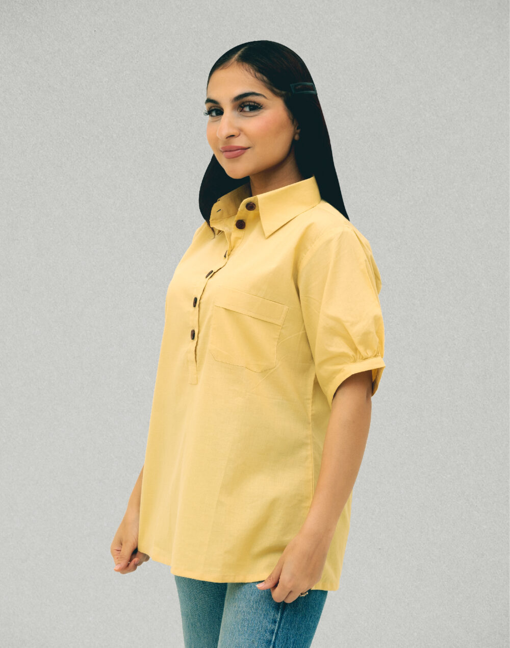 Herbal Dyed Organic Yellow collared pleated  Half sleeves top - Image 3