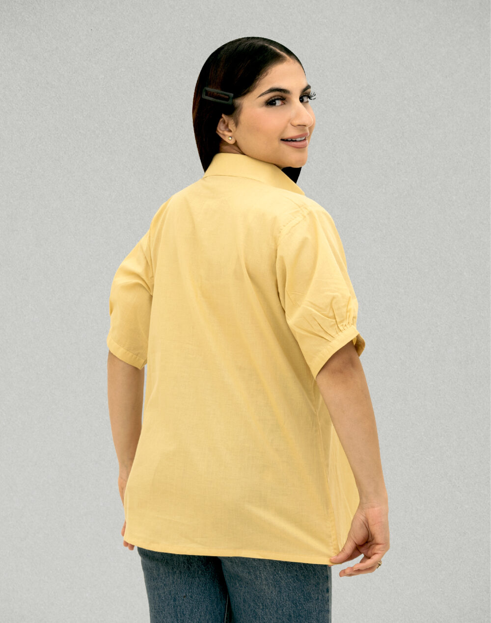 Herbal Dyed Organic Yellow collared pleated  Half sleeves top - Image 4