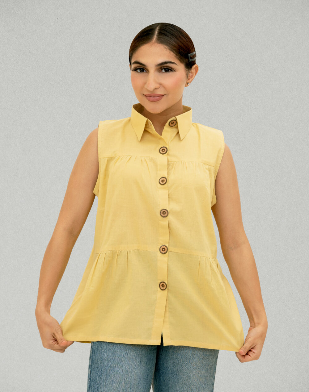 Herbal Dyed Organic Yellow collared sleeveless pleated top