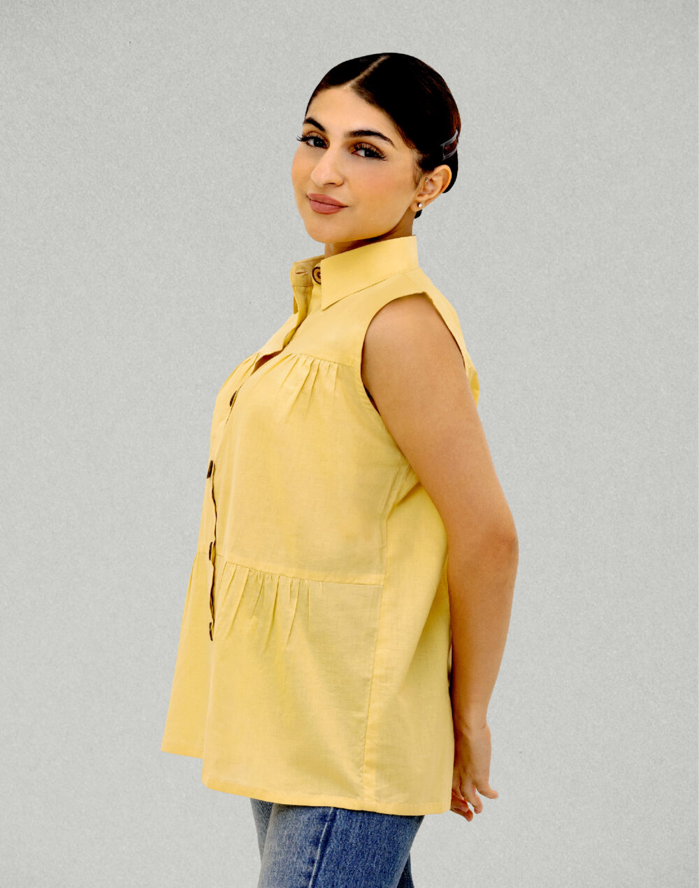 Herbal Dyed Organic Yellow collared sleeveless pleated top - Image 3