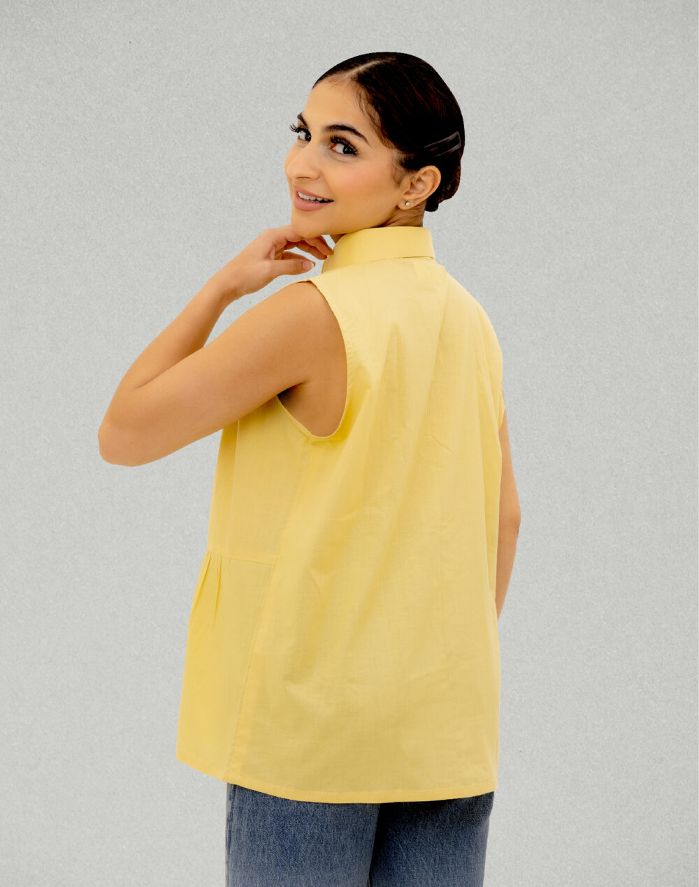 Herbal Dyed Organic Yellow collared sleeveless pleated top - Image 4