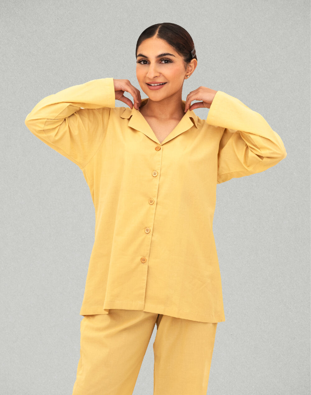 Herbal Dyed Organic Yellow collared full sleeves shirt and pyjamas - Image 3