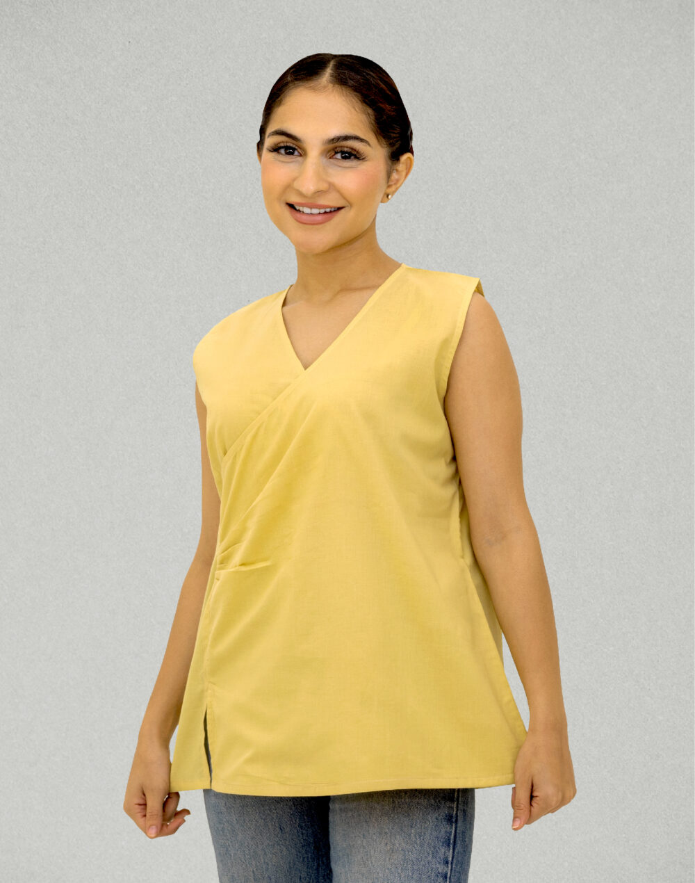 Herbal Dyed Organic Yellow V Neck sleeveless pleated top with front side slit