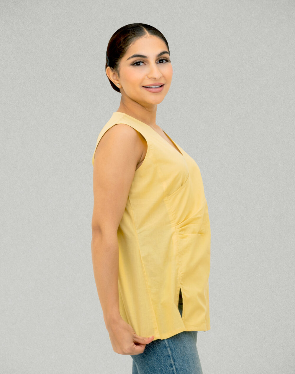 Herbal Dyed Organic Yellow V Neck sleeveless pleated top with front side slit - Image 2