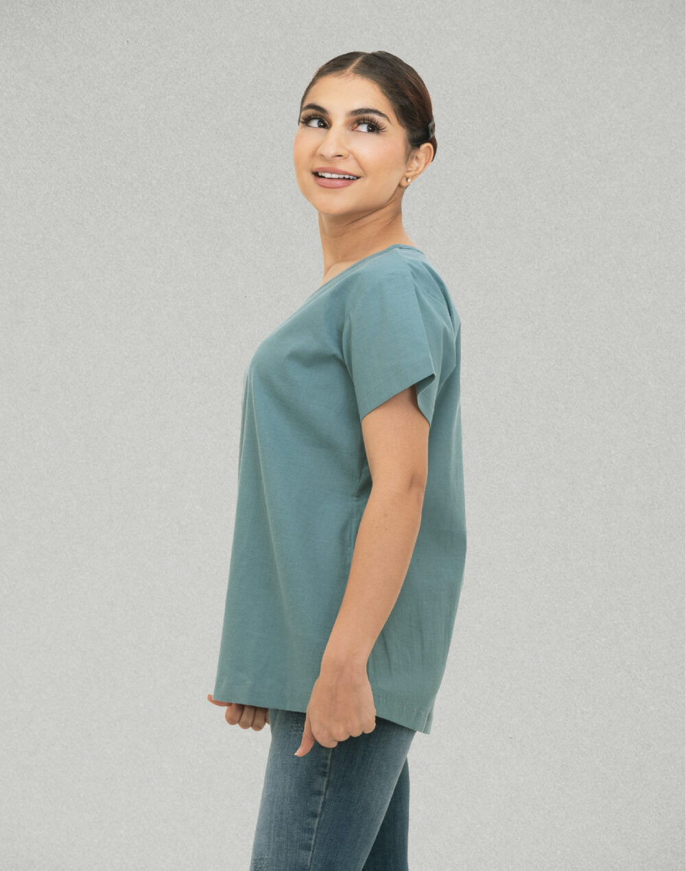 Herbal Dyed Organic Teal round neck Half sleeves top - Image 3