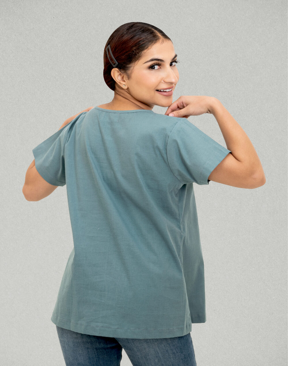 Herbal Dyed Organic Teal round neck Half sleeves top - Image 4