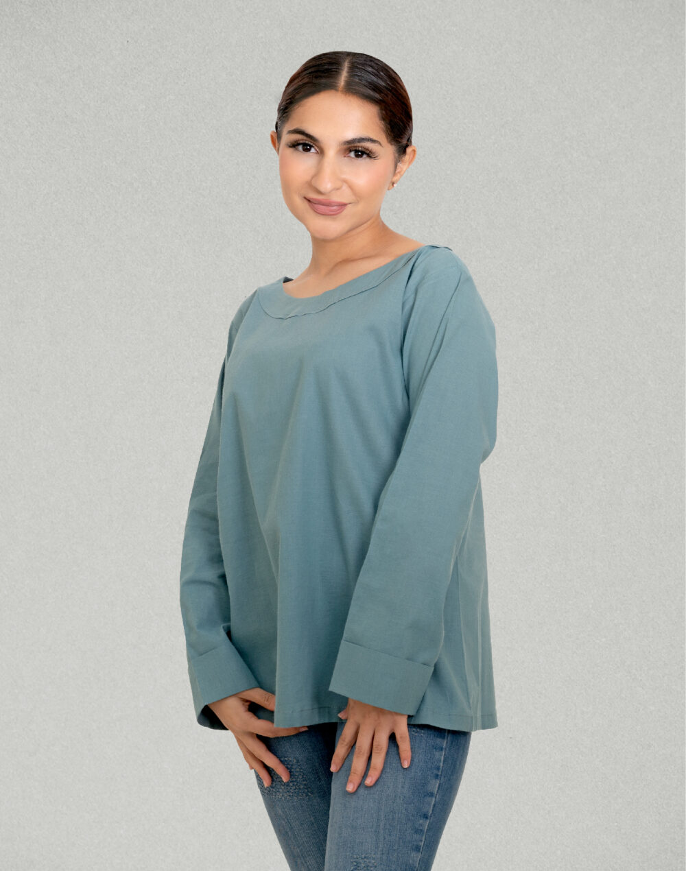 Herbal Dyed Organic Teal round neck Full sleeves top - Image 2