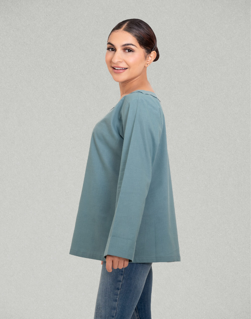 Herbal Dyed Organic Teal round neck Full sleeves top - Image 3
