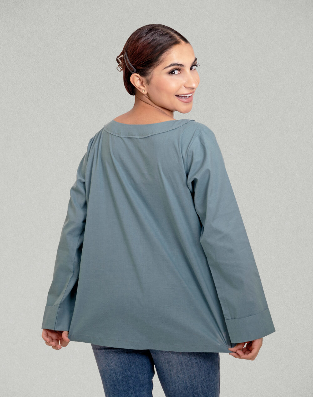 Herbal Dyed Organic Teal round neck Full sleeves top - Image 4