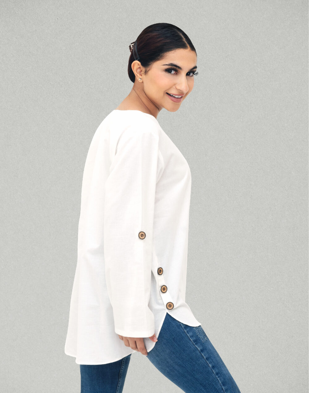 Herbal Dyed Organic Sun white V neck freestyle top - Image 3
