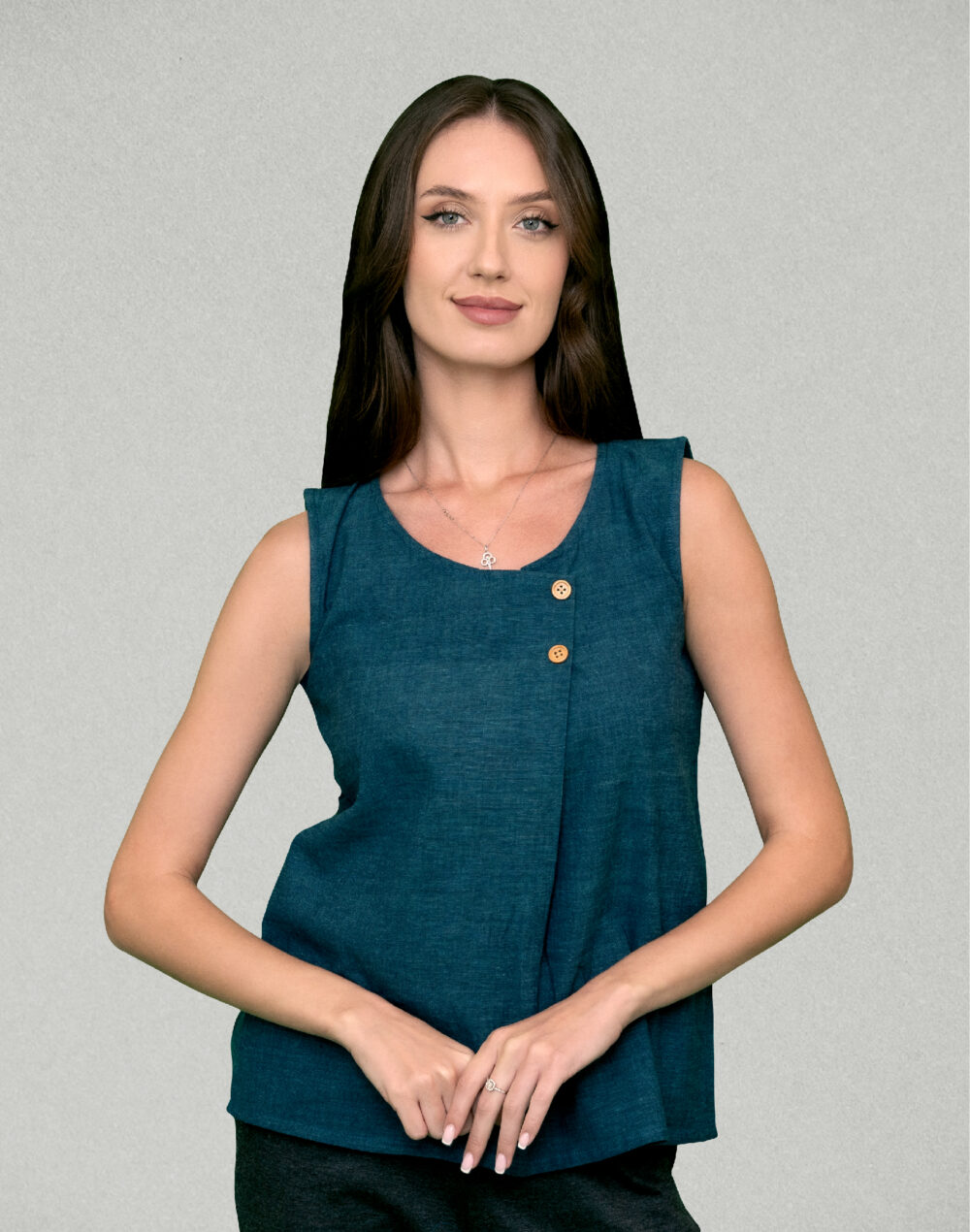 Yarn Dyed Organic Blue round neck  sleeveless top