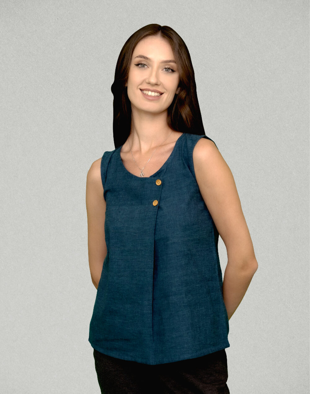 Yarn Dyed Organic Blue round neck  sleeveless top - Image 2