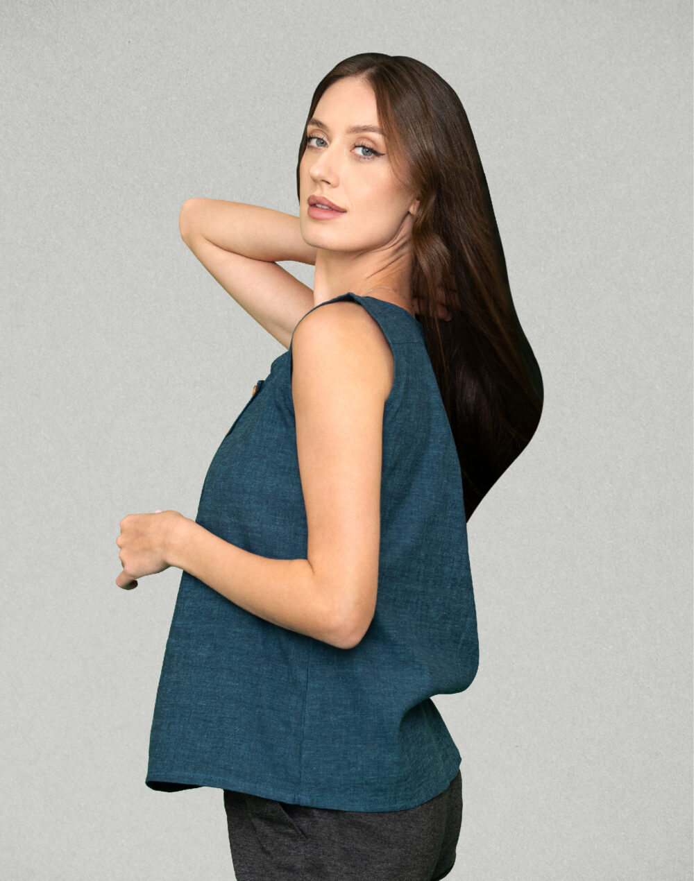 Yarn Dyed Organic Blue round neck  sleeveless top - Image 4
