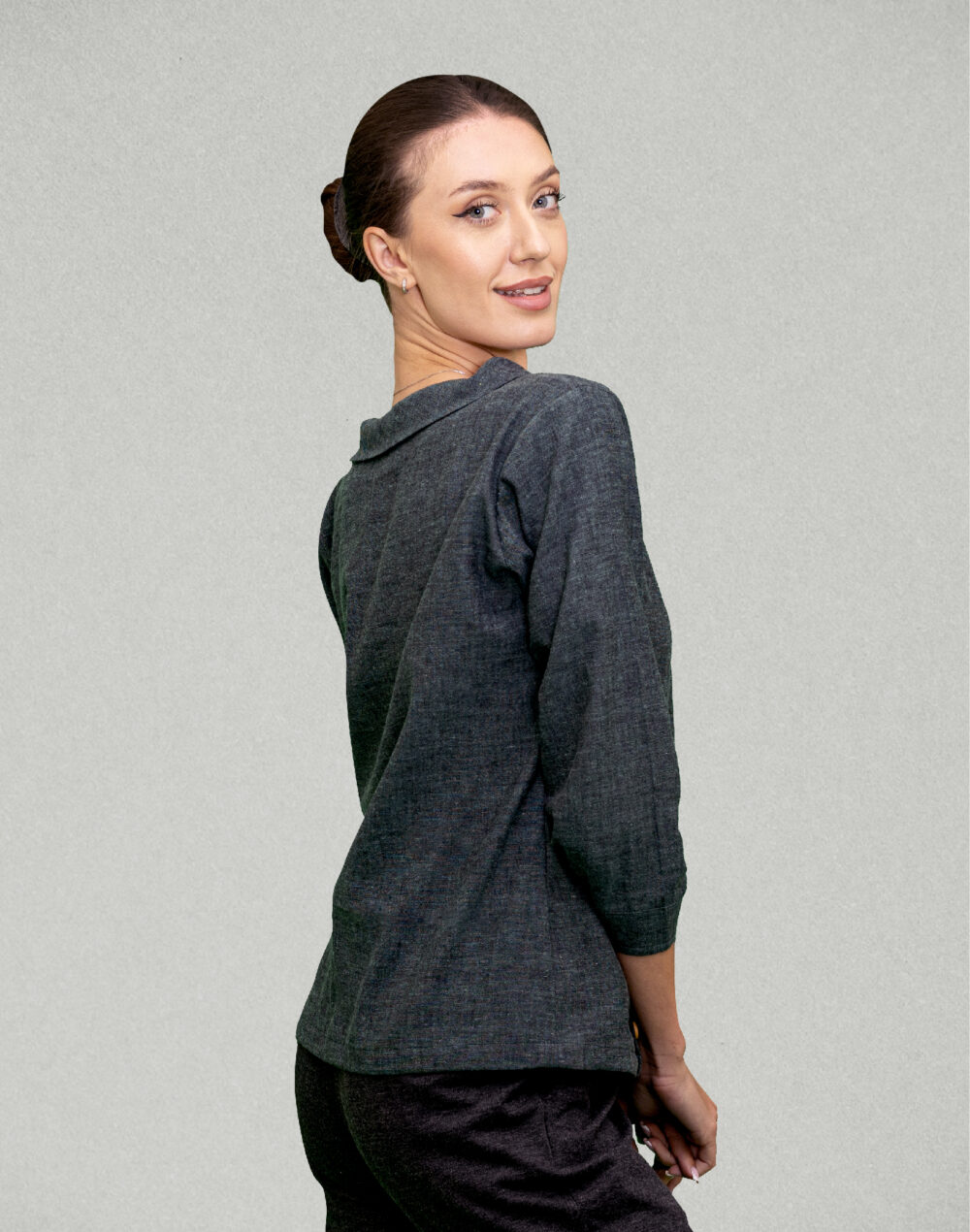 Yarn Dyed Organic Green round neck with flap full sleeves top - Image 2