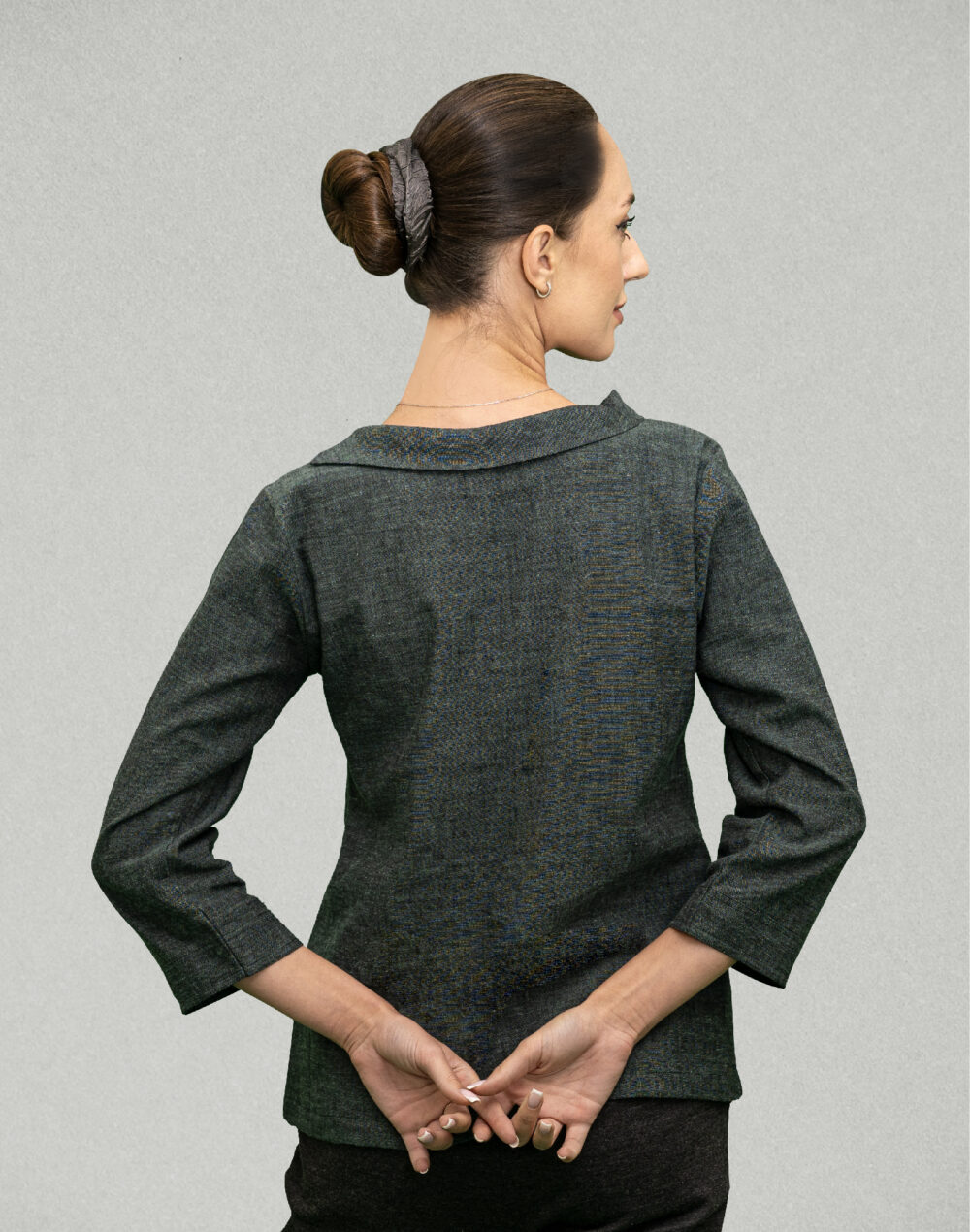 Yarn Dyed Organic Green round neck with flap full sleeves top - Image 3