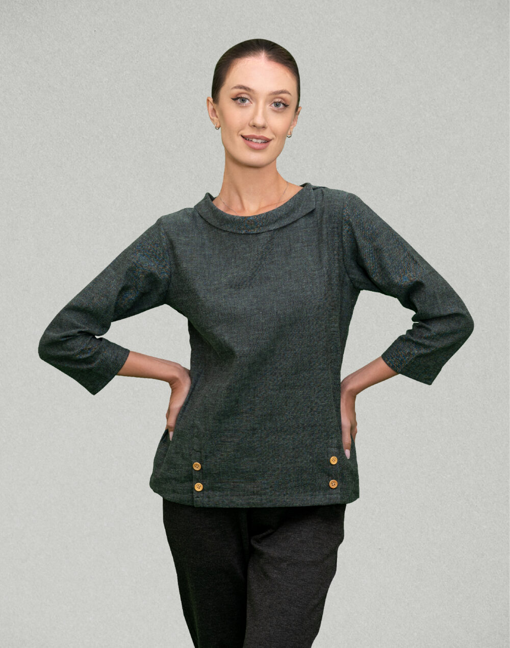 Yarn Dyed Organic Green round neck with flap full sleeves top - Image 4