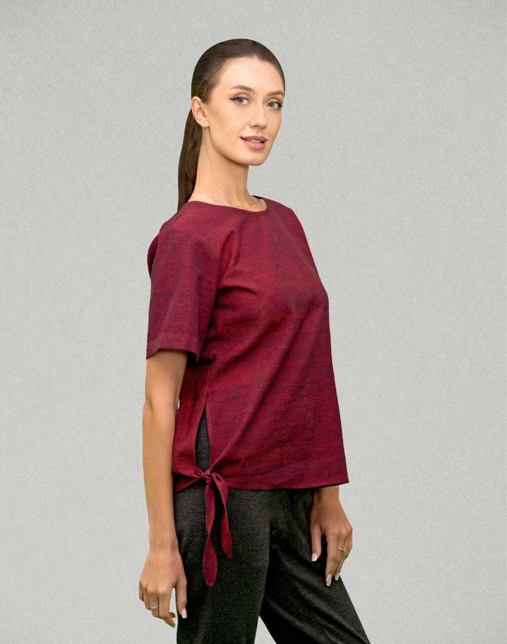 Yarn Dyed Organic Pink and mauve round neck half  sleeves top with knots at the sides - Image 2