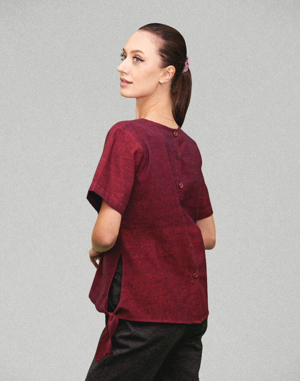 Yarn Dyed Organic Pink and mauve round neck half  sleeves top with knots at the sides - Image 3
