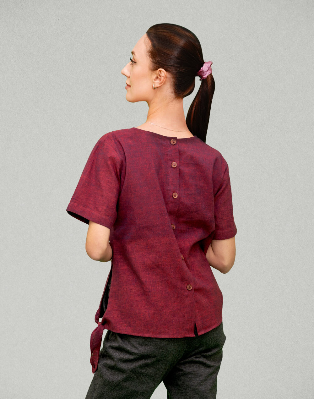 Yarn Dyed Organic Pink and mauve round neck half  sleeves top with knots at the sides - Image 4