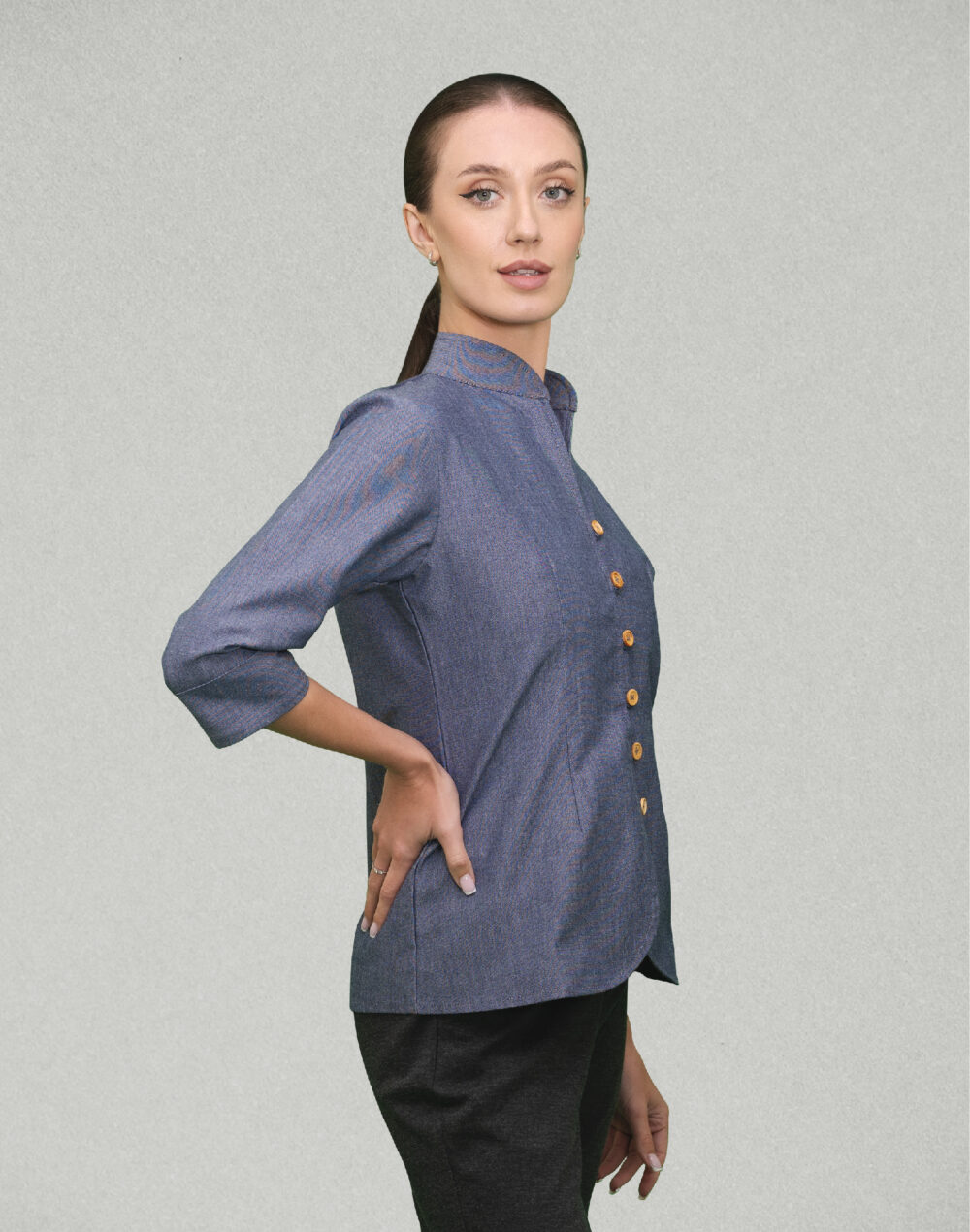 Organic Chambray Heavy - Blue collared jacket/top  with 3/4th  sleeves - Image 3