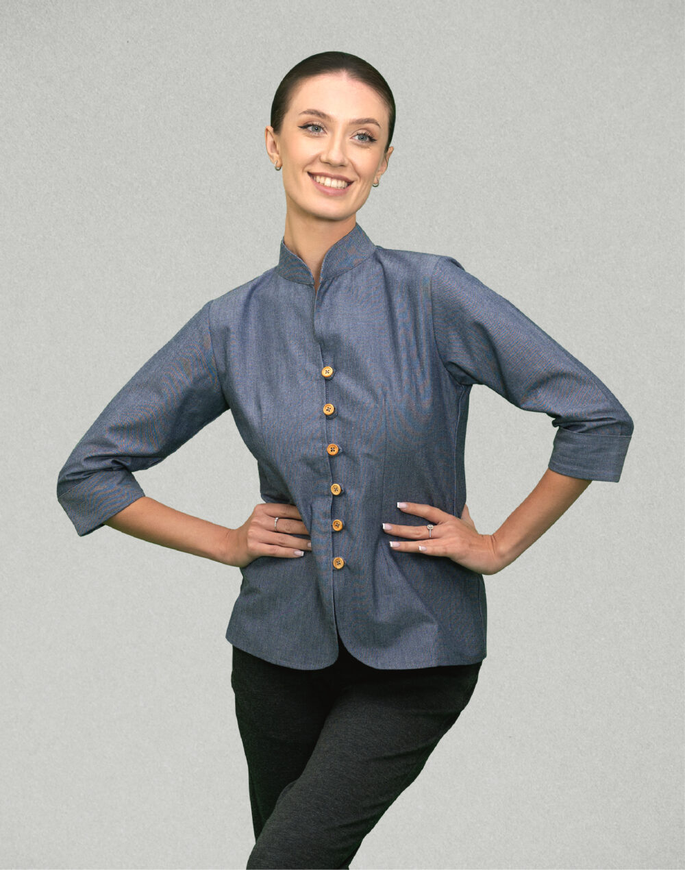 Organic Chambray Heavy - Blue collared jacket/top  with 3/4th  sleeves