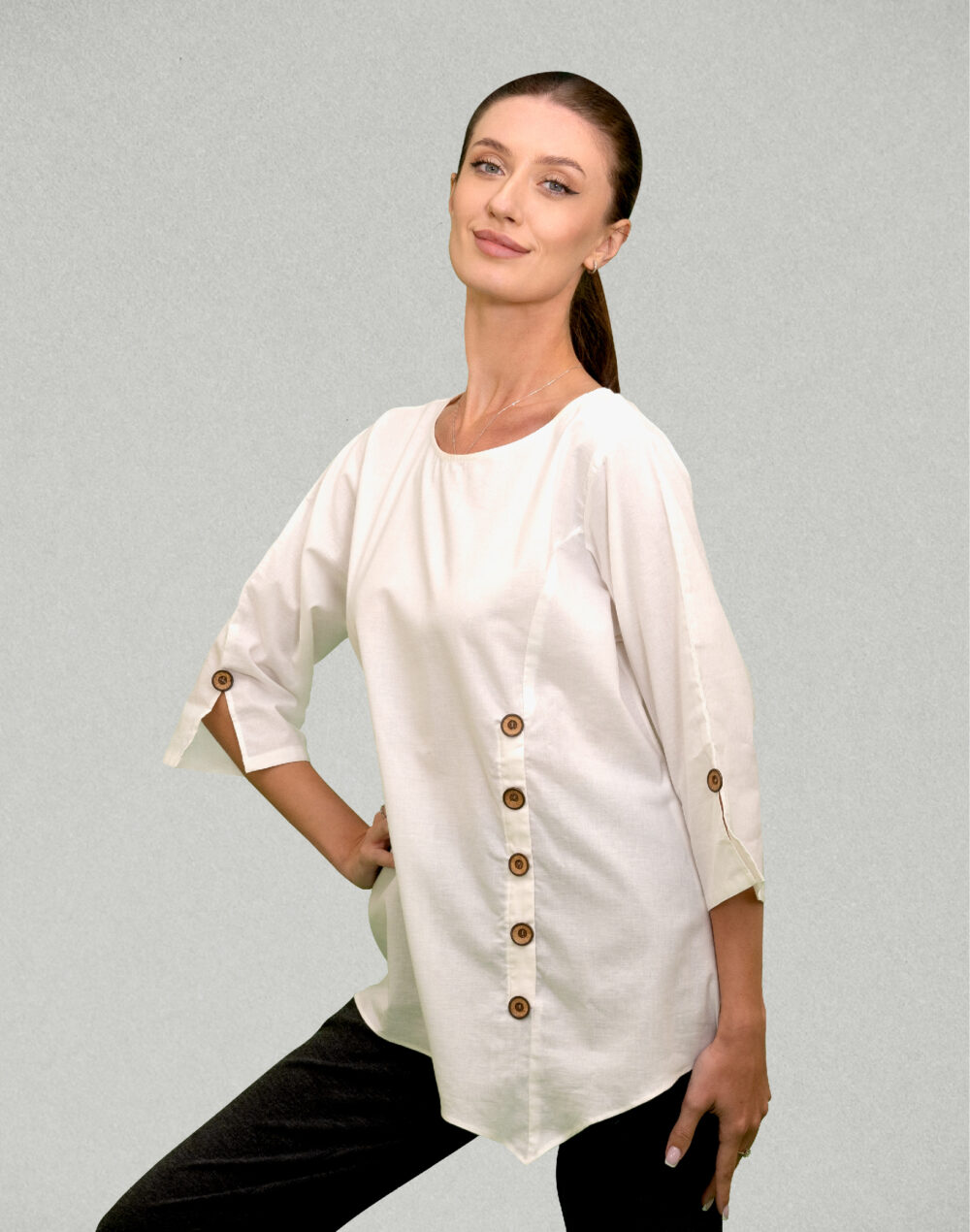 Herbal Dyed Organic Sun white round neck  full sleeves freestyle top