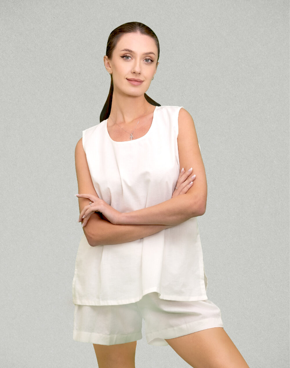 Herbal Dyed Organic Sun white sleeveless top and shorts