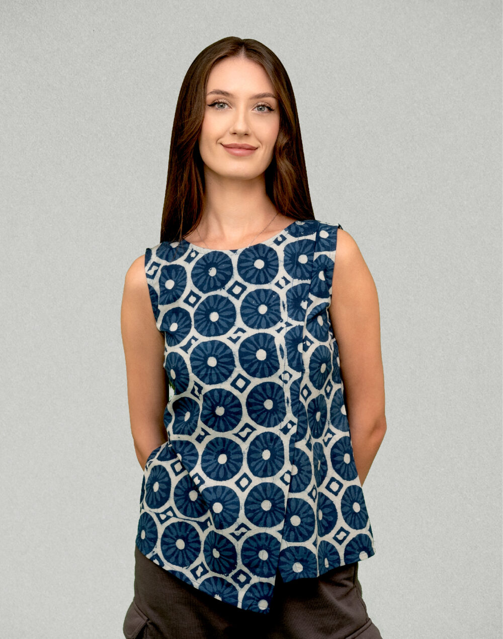 Organic Blue and white block print round neck sleeveless top