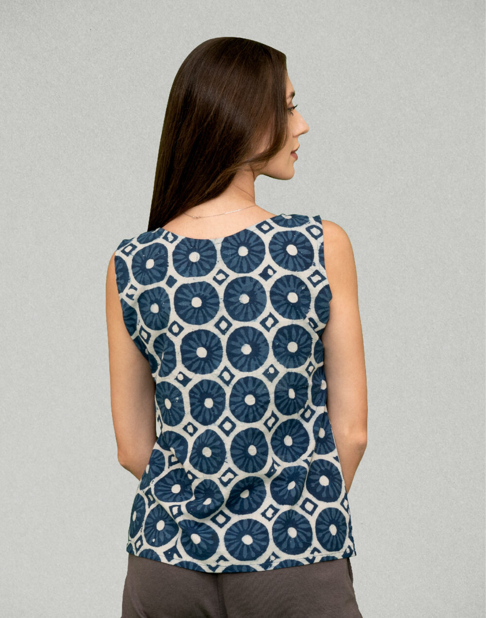 Organic Blue and white block print round neck sleeveless top - Image 2