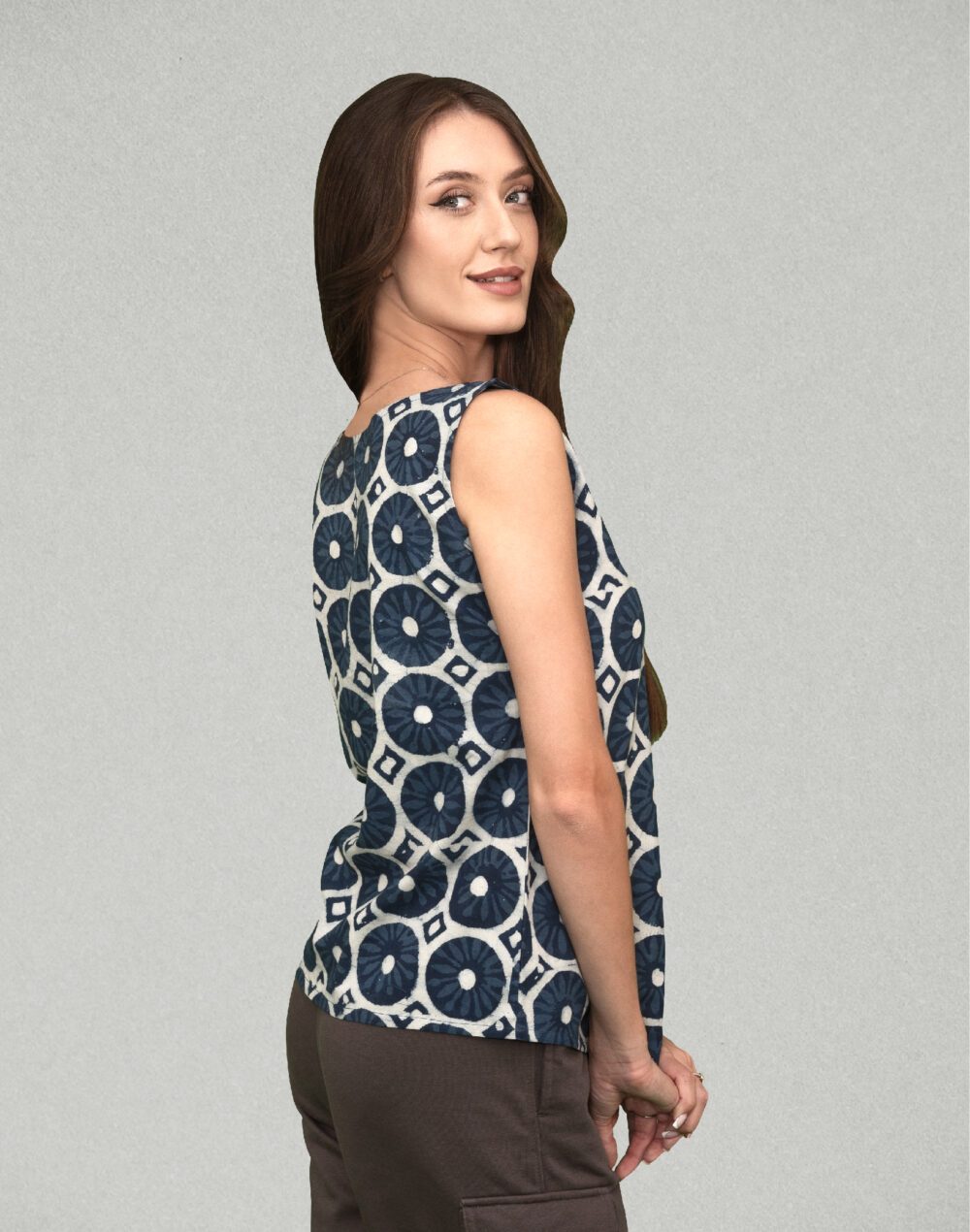 Organic Blue and white block print round neck sleeveless top - Image 3