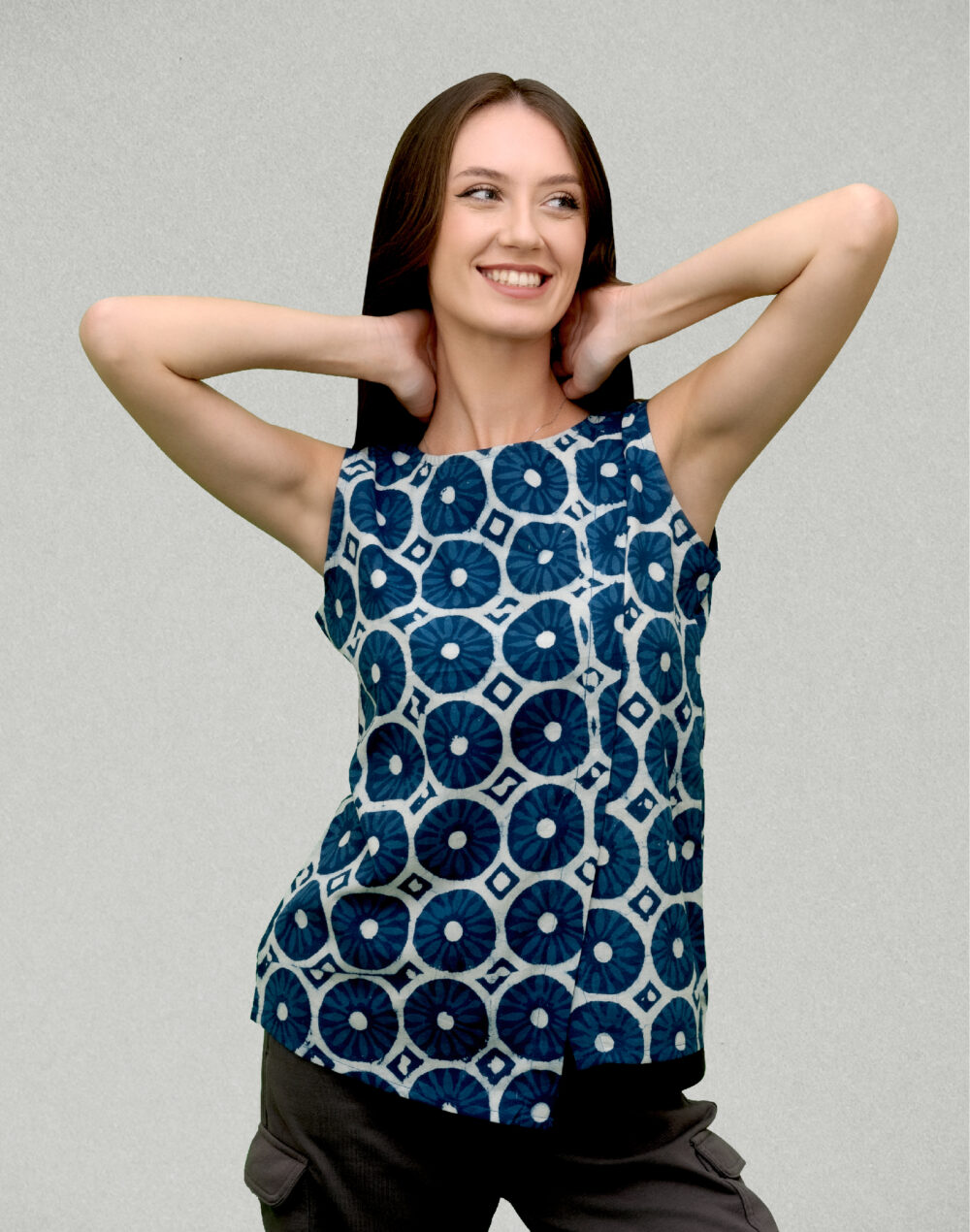 Organic Blue and white block print round neck sleeveless top - Image 4