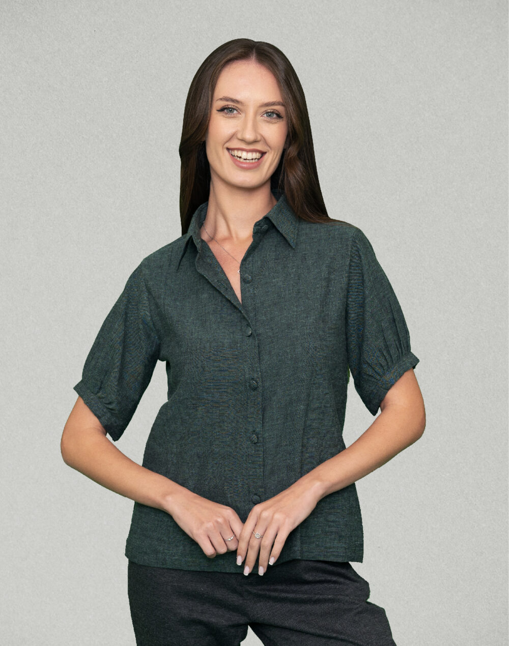Yarn Dyed Organic Green collared half sleeves shirt