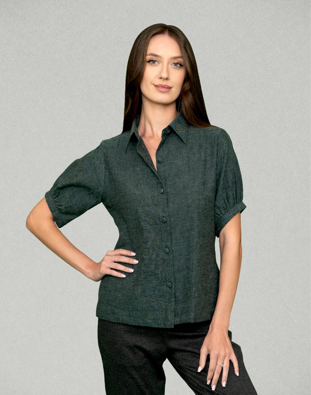 Yarn Dyed Organic Green collared half sleeves shirt - Image 2