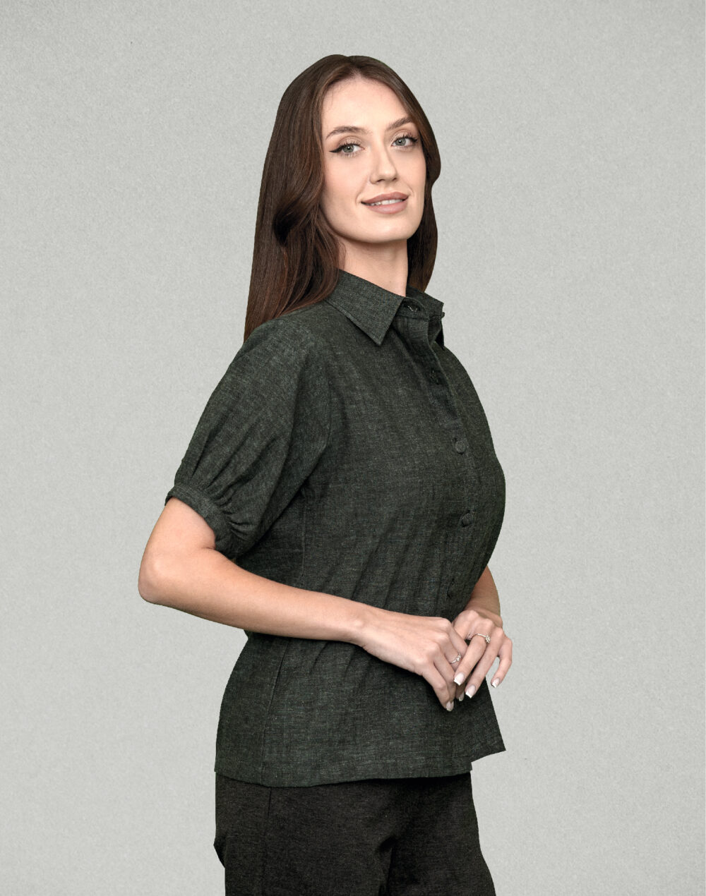 Yarn Dyed Organic Green collared half sleeves shirt - Image 3