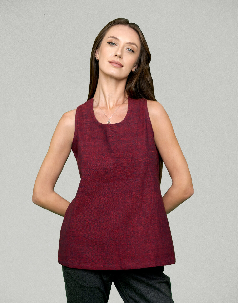 Yarn Dyed Organic Pink mauve round neck sleeveless top with cross bands at the back