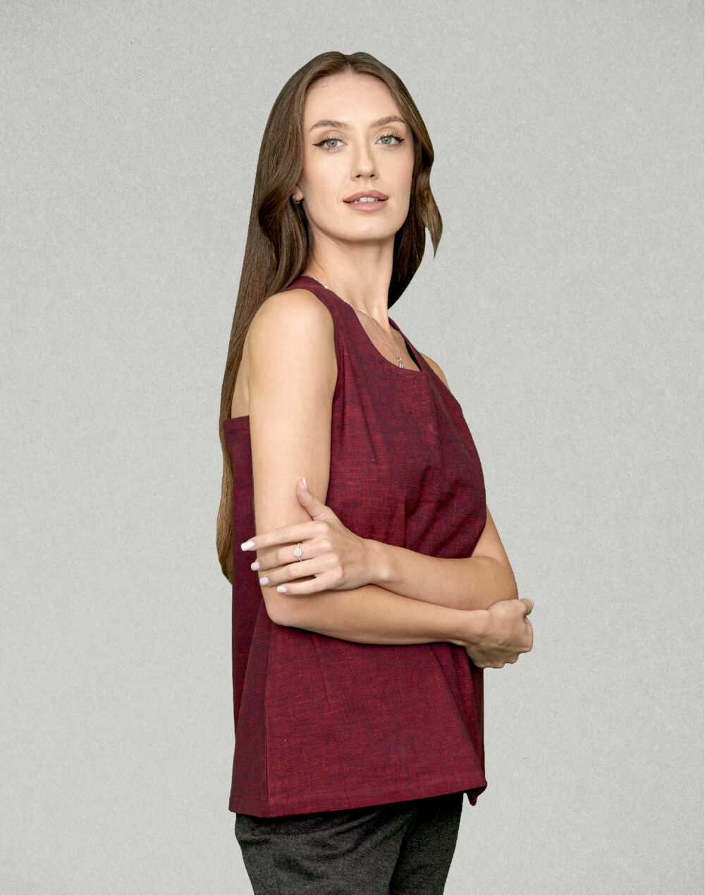 Yarn Dyed Organic Pink mauve round neck sleeveless top with cross bands at the back - Image 3