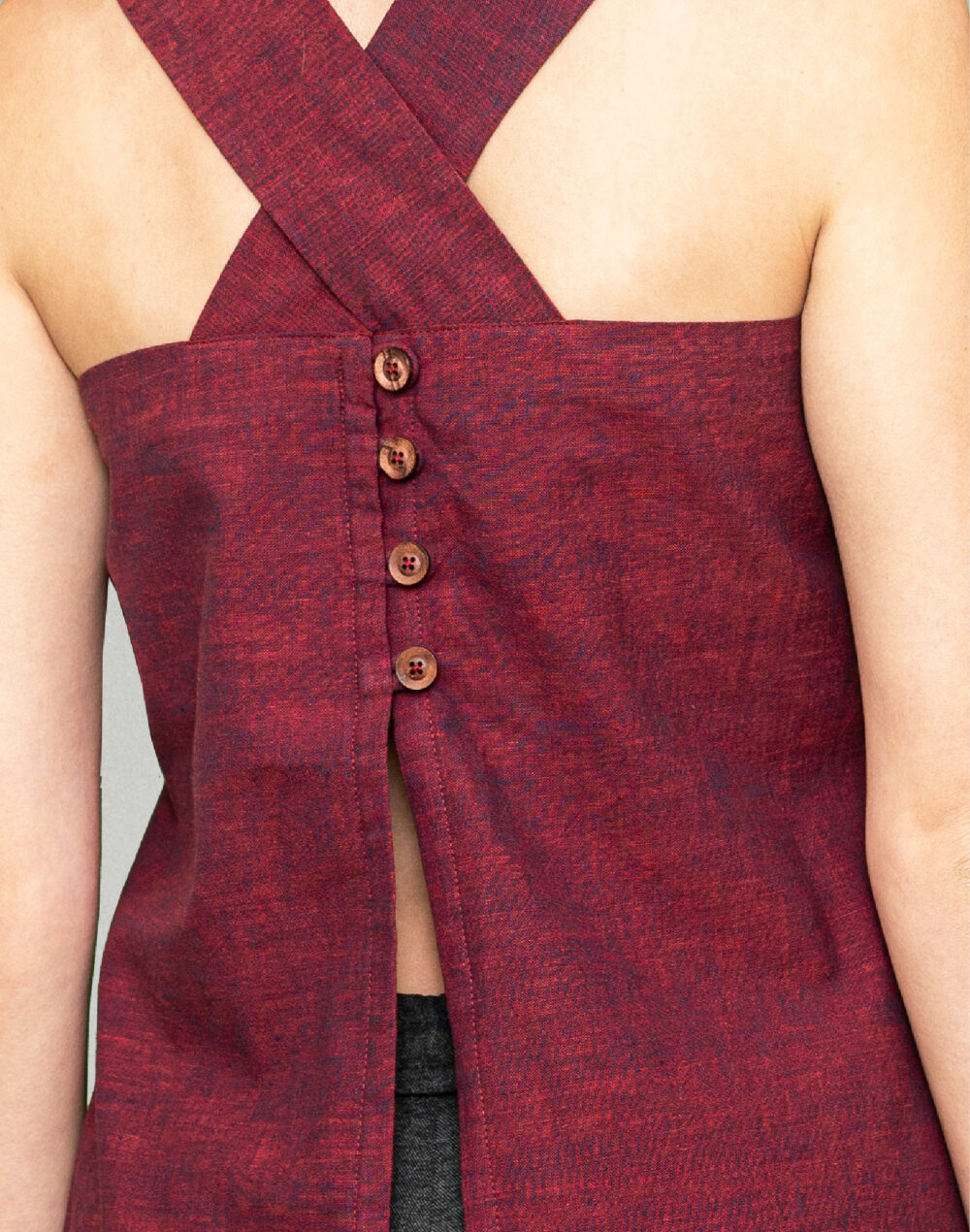Yarn Dyed Organic Pink mauve round neck sleeveless top with cross bands at the back - Image 4