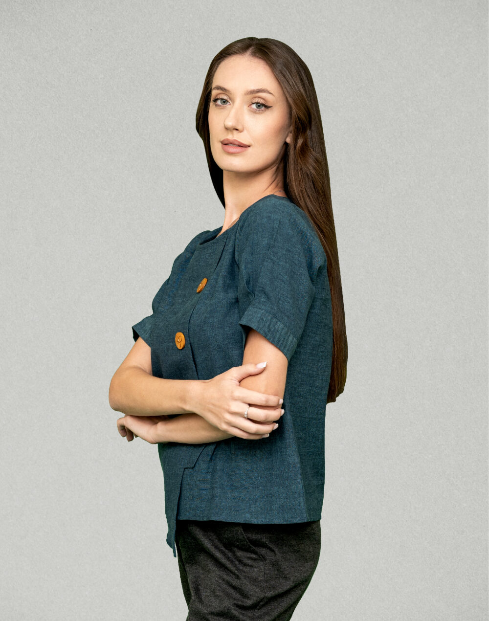 Yarn Dyed Organic Blue round neck  half sleeves top - Image 2