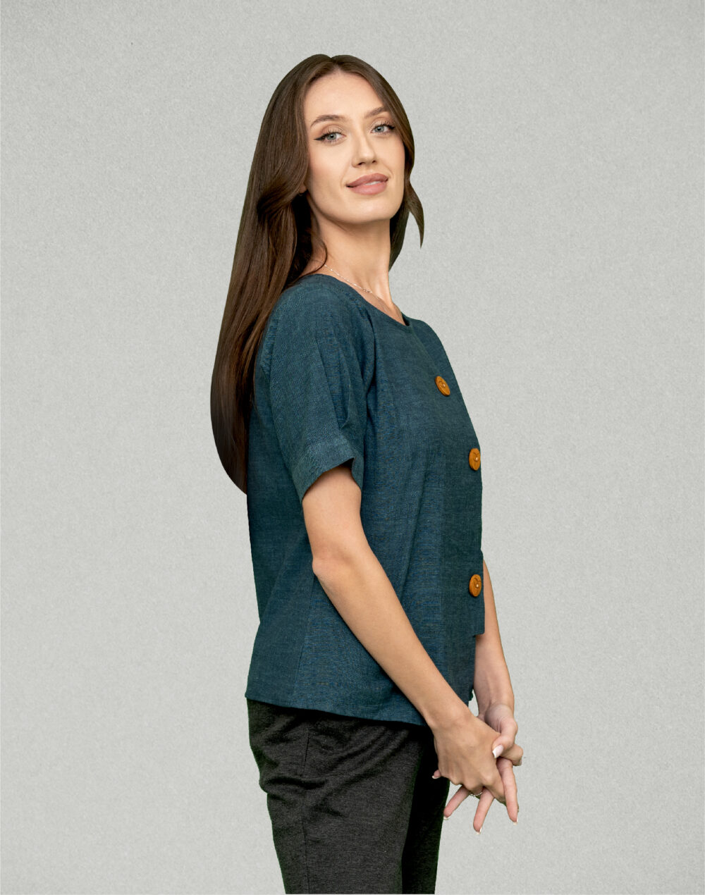 Yarn Dyed Organic Blue round neck  half sleeves top - Image 3