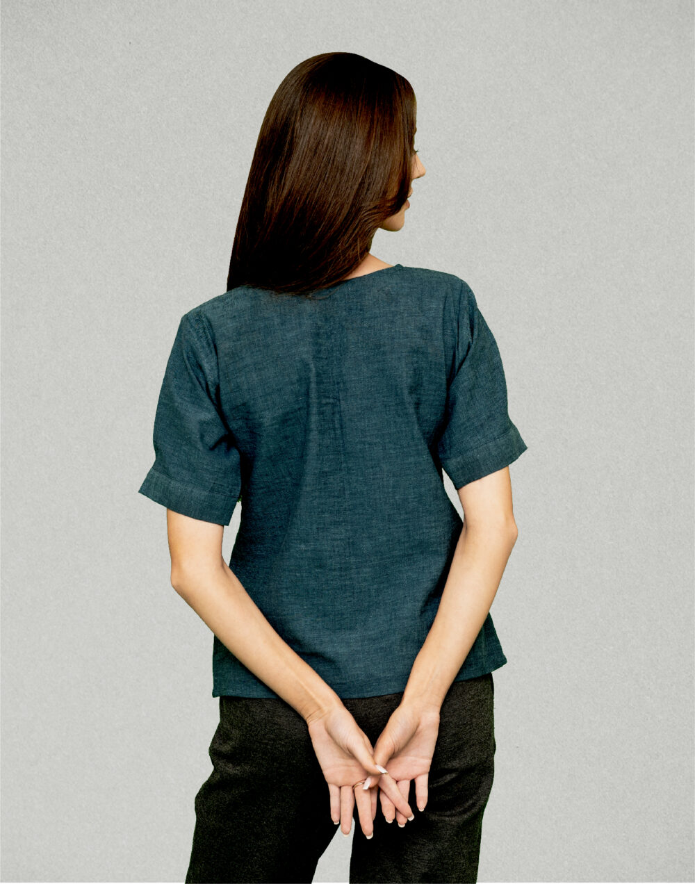 Yarn Dyed Organic Blue round neck  half sleeves top - Image 4