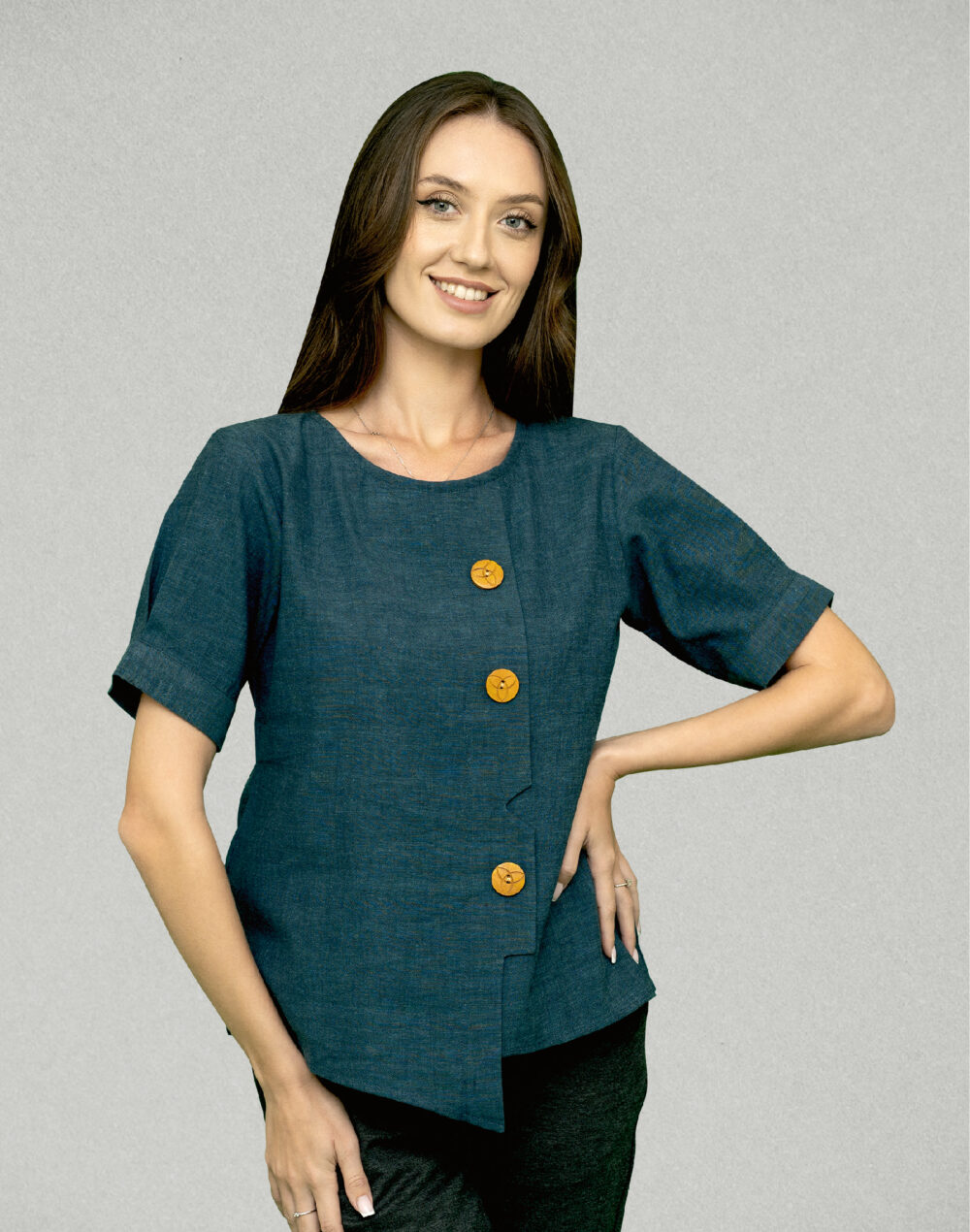Yarn Dyed Organic Blue round neck  half sleeves top