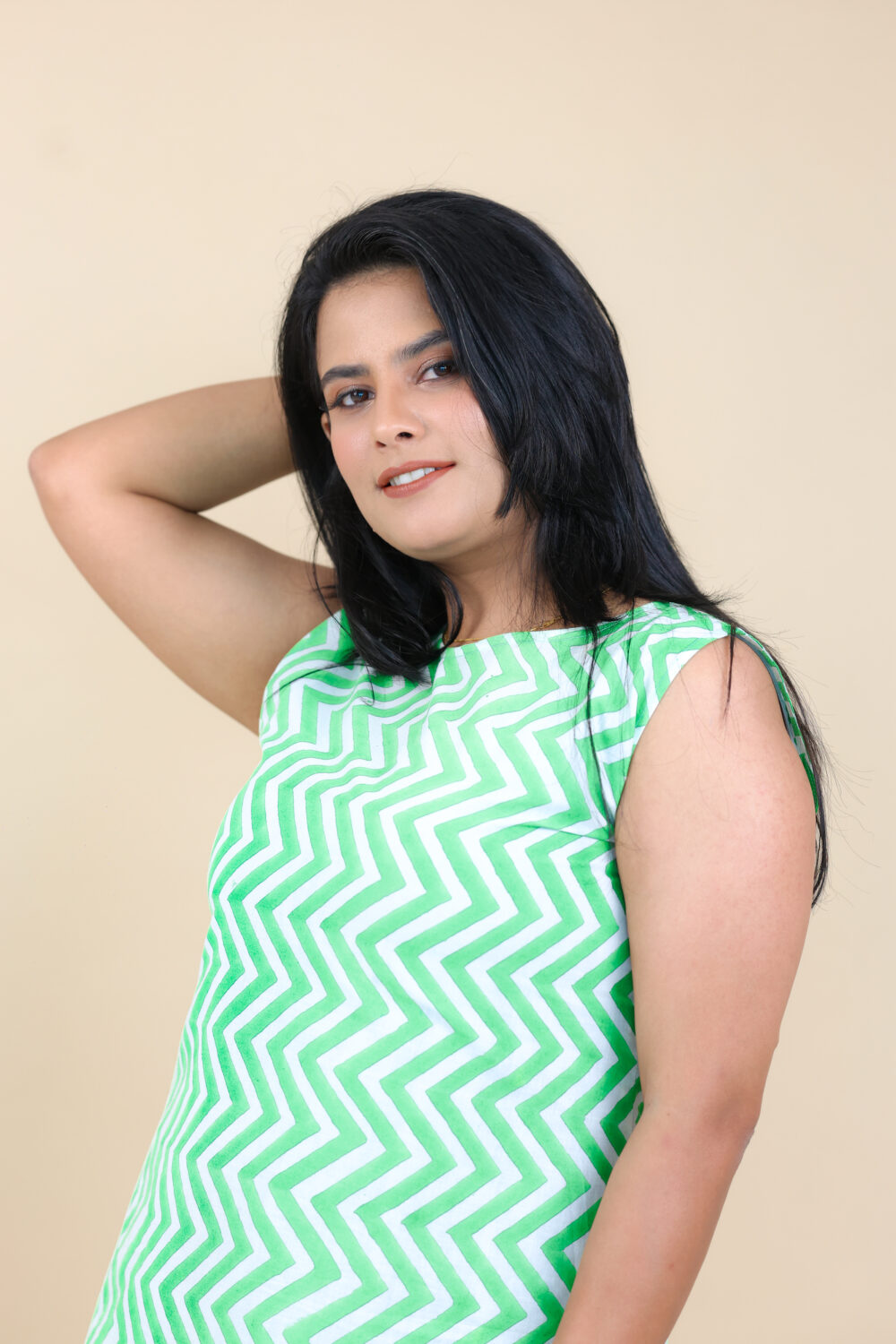 Bright green zigzag block printed dress