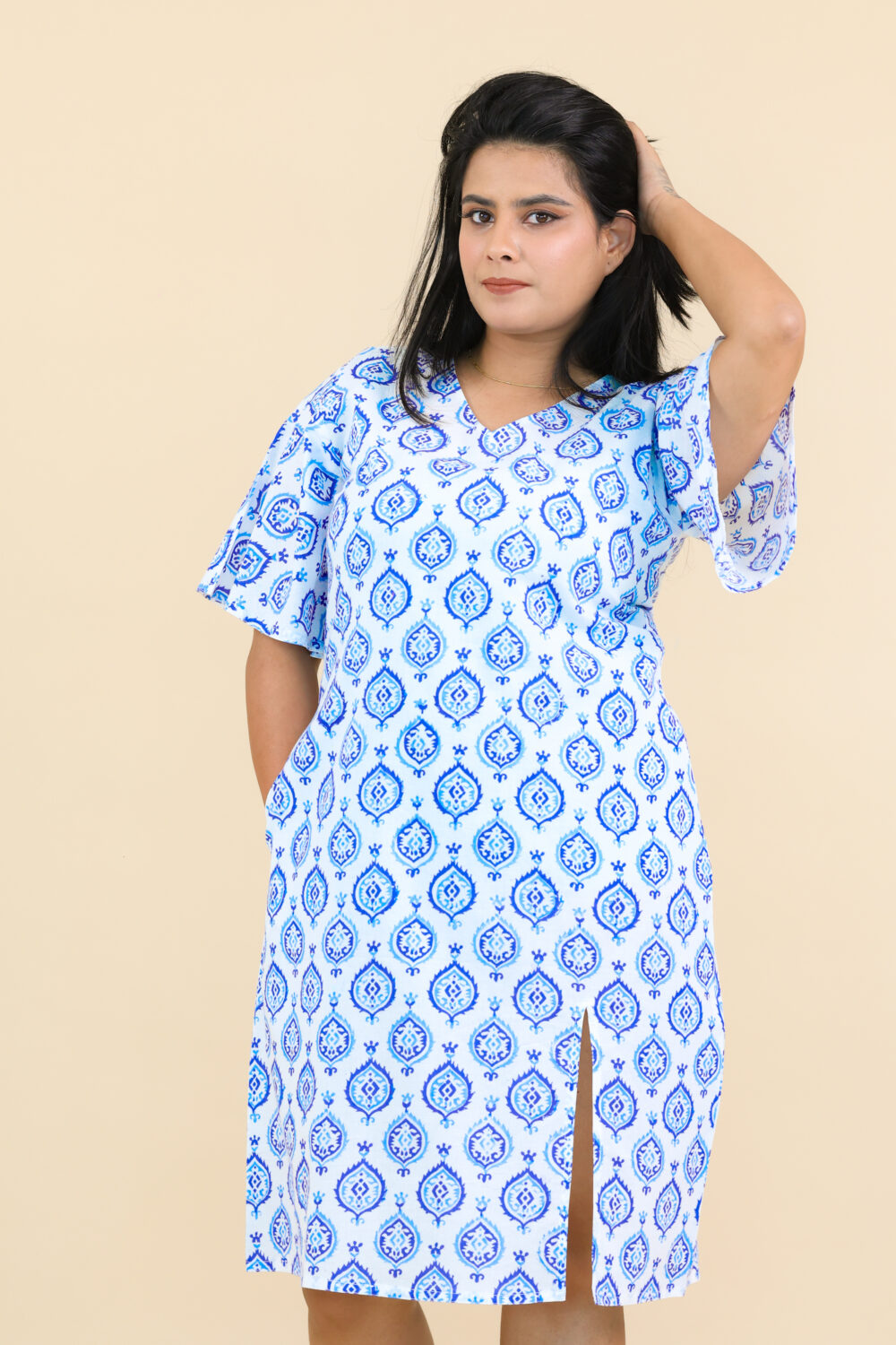 Blue white block printed dress - Image 2