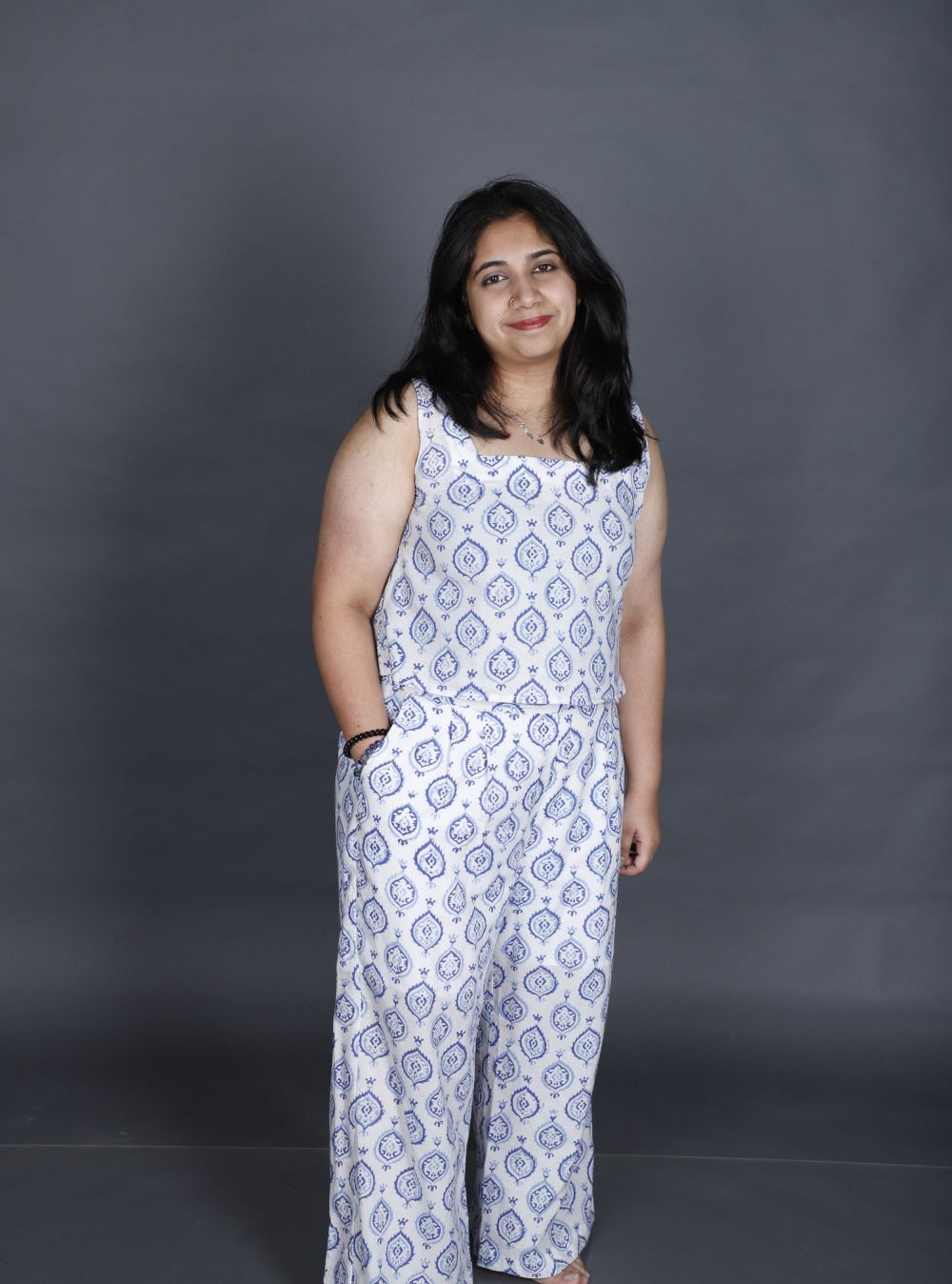 Block printed blue and white co-ord set